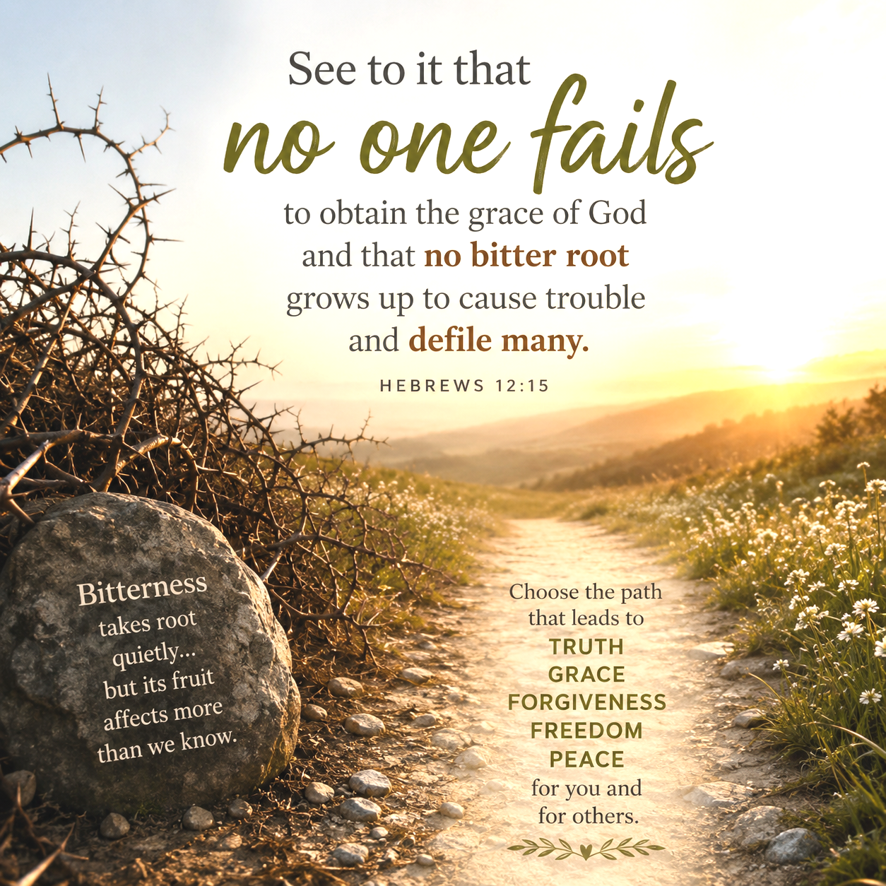 Hebrews 12:15 — See to it that no root of bitterness springs up