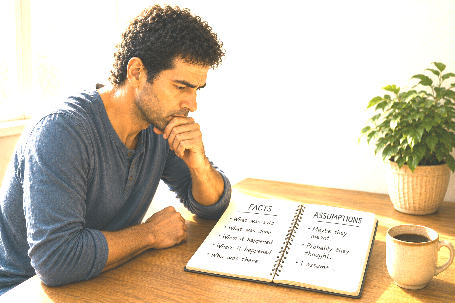 A man studying a notebook with Facts on one page and Assumptions on the other