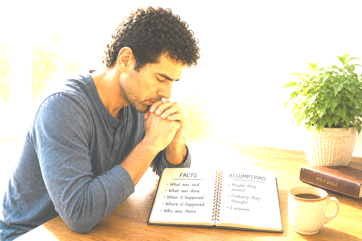A man praying over an open notebook beside a Bible and coffee