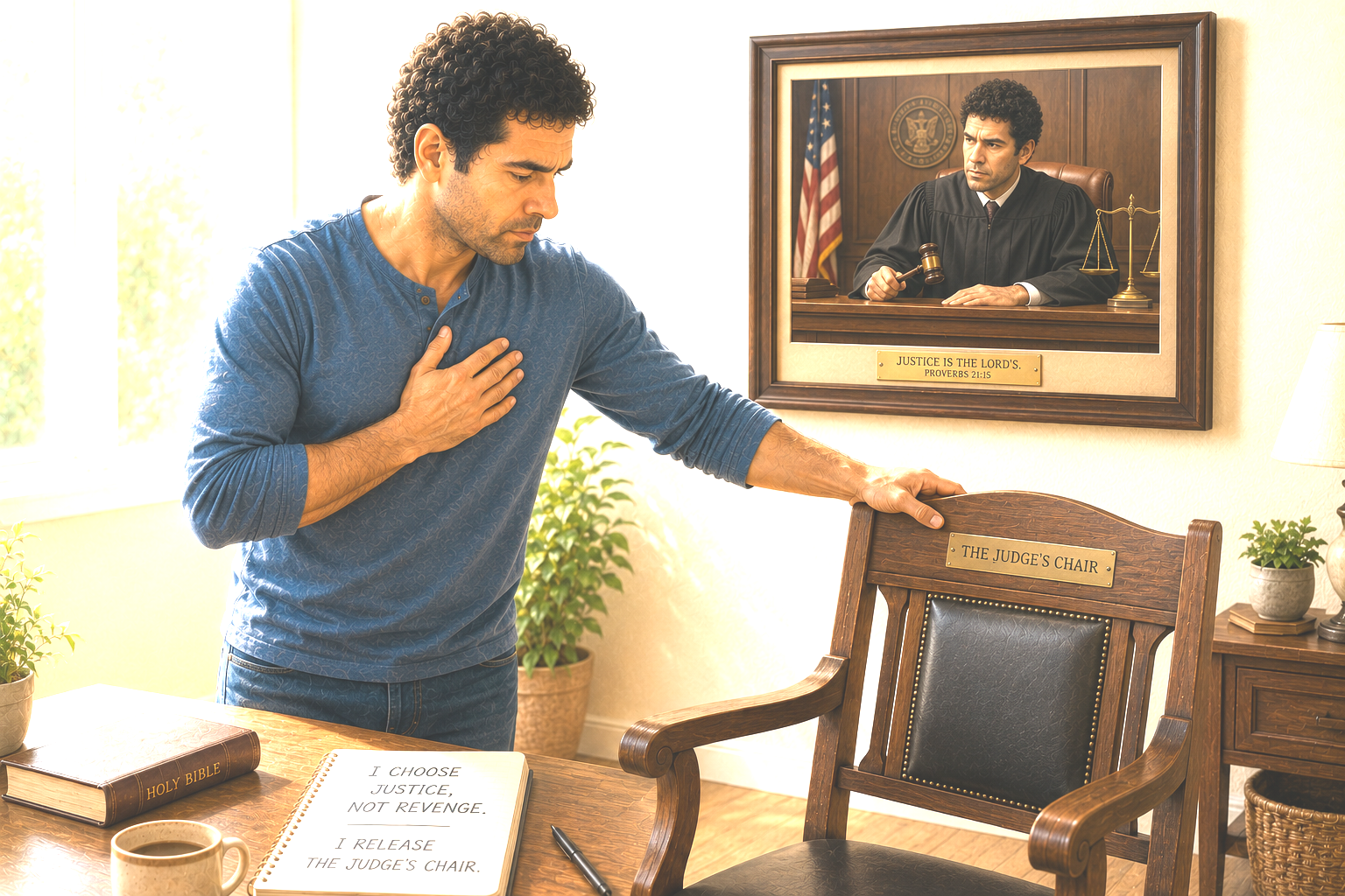 A man releasing the judges chair, with a painting of Justice is the Lords on the wall