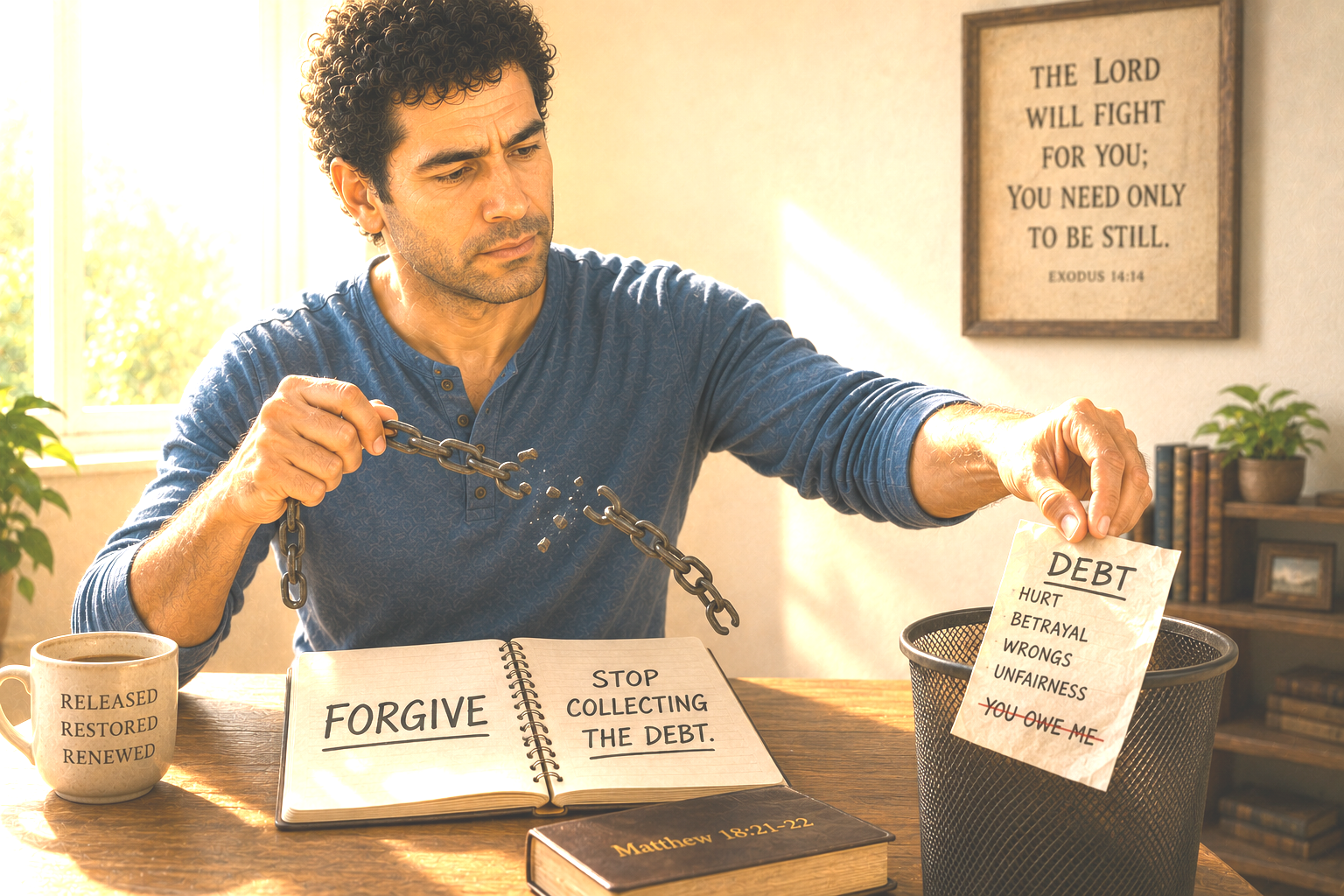A man breaking a chain over a notebook reading Forgive — Stop Collecting the Debt, dropping a You Owe Me note into a wastebasket