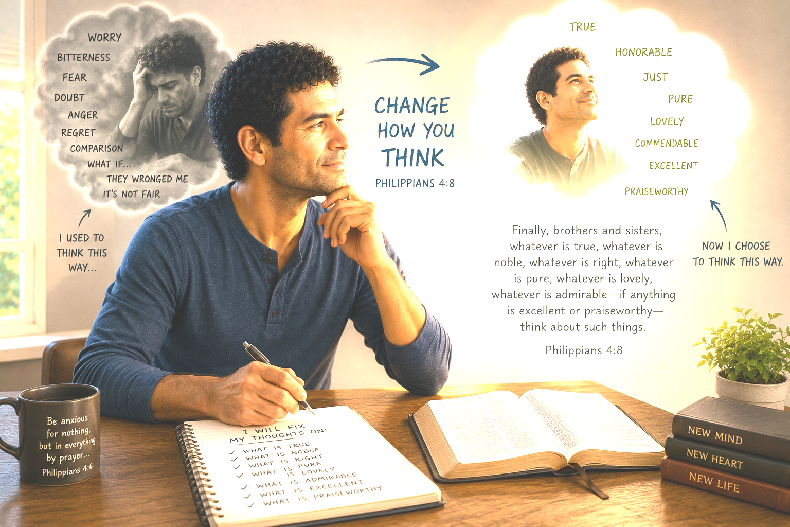 A man choosing to change how he thinks, moving from worry and bitterness to what is true, noble, and praiseworthy — Philippians 4:8