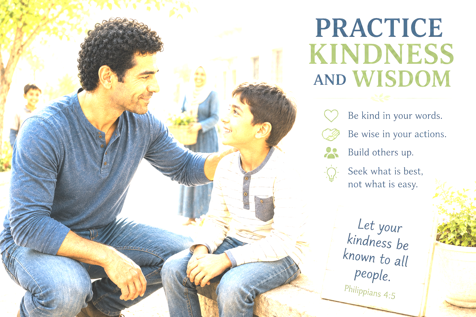 A father kneeling beside his son, practicing kindness and wisdom — Philippians 4:5