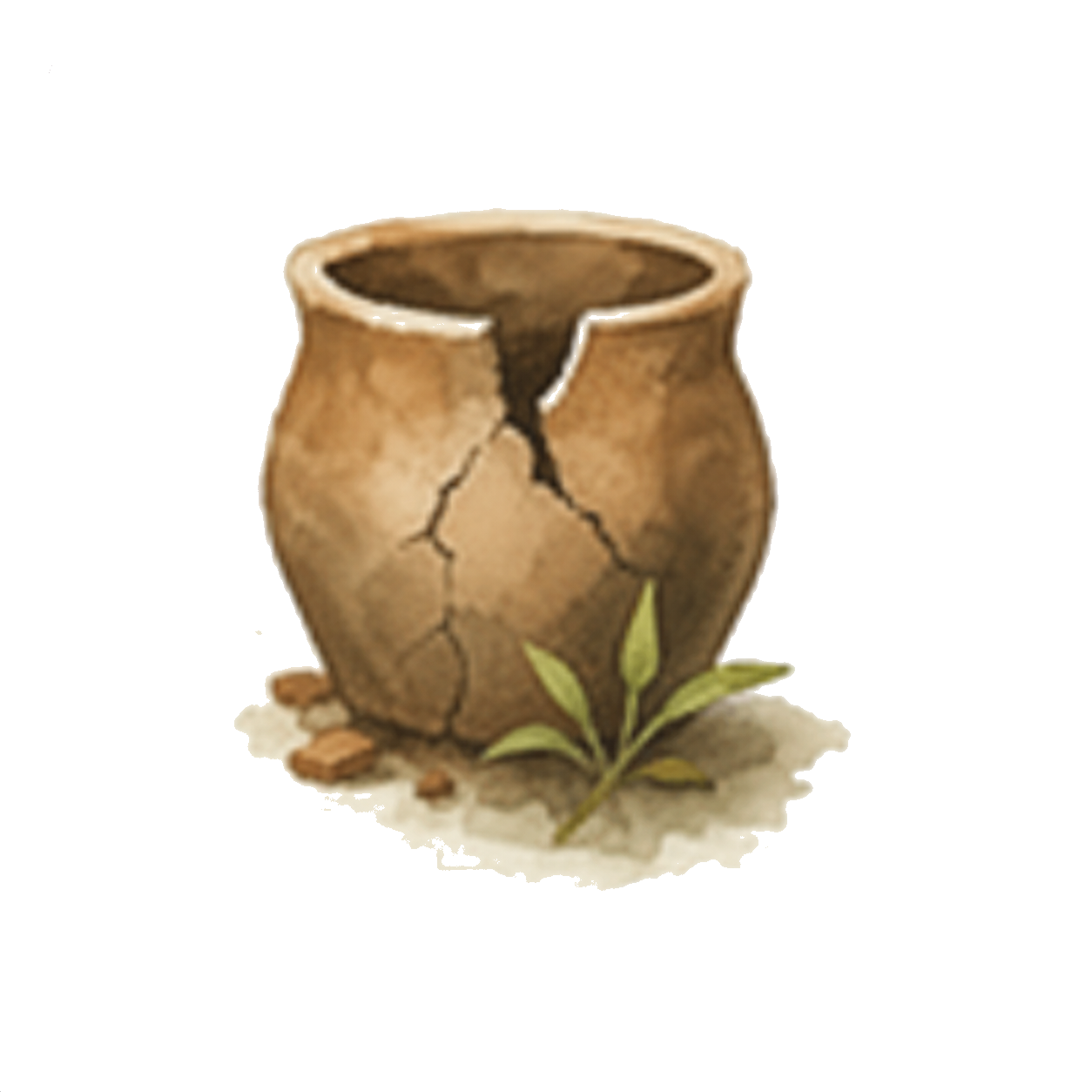 A cracked clay pot with a small green shoot growing beside it