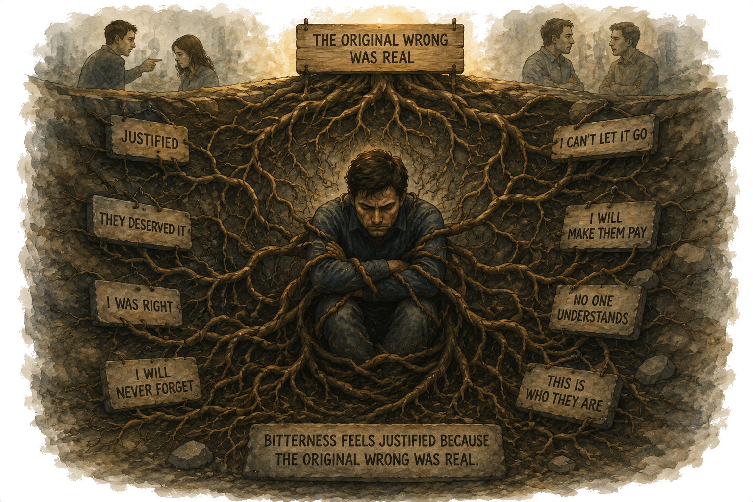 A man entangled in roots underground, surrounded by signs reading Justified, I Will Never Forget, and The Original Wrong Was Real
