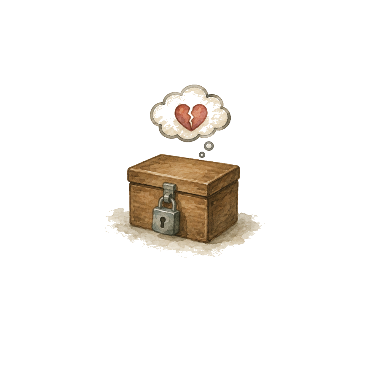A locked chest with a broken heart thought bubble above it