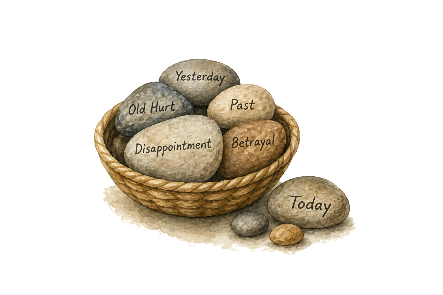 A basket of stones labeled with old hurts, with a new stone marked Today beside it