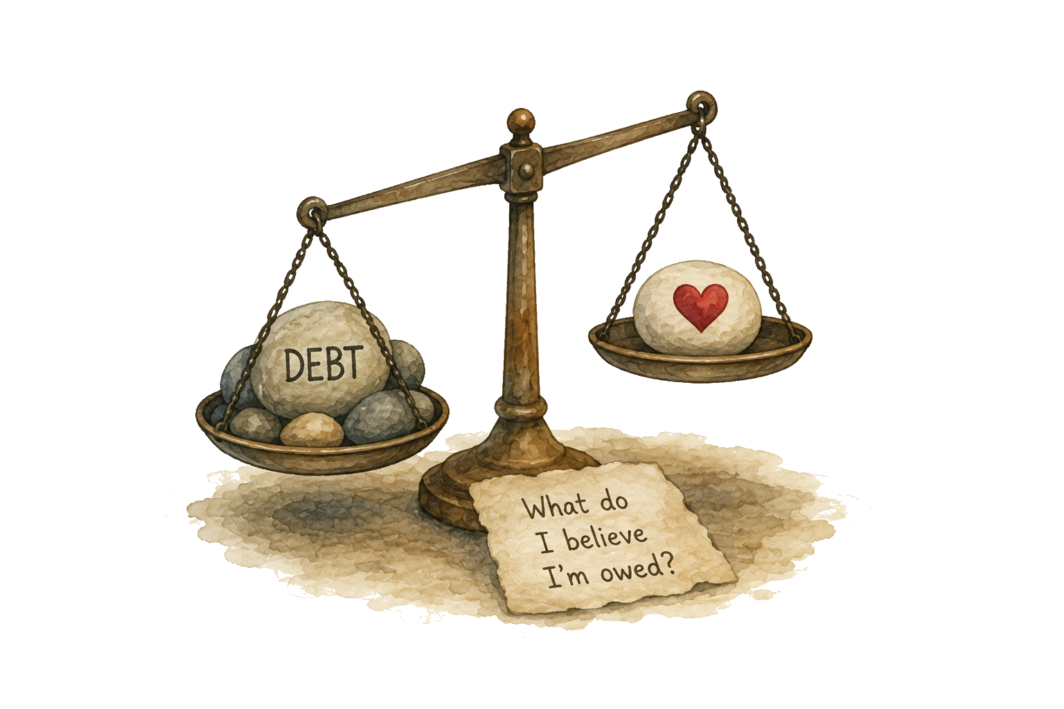 A scale tipped by a heavy debt stone against a small heart, with a note asking what do I believe I am owed