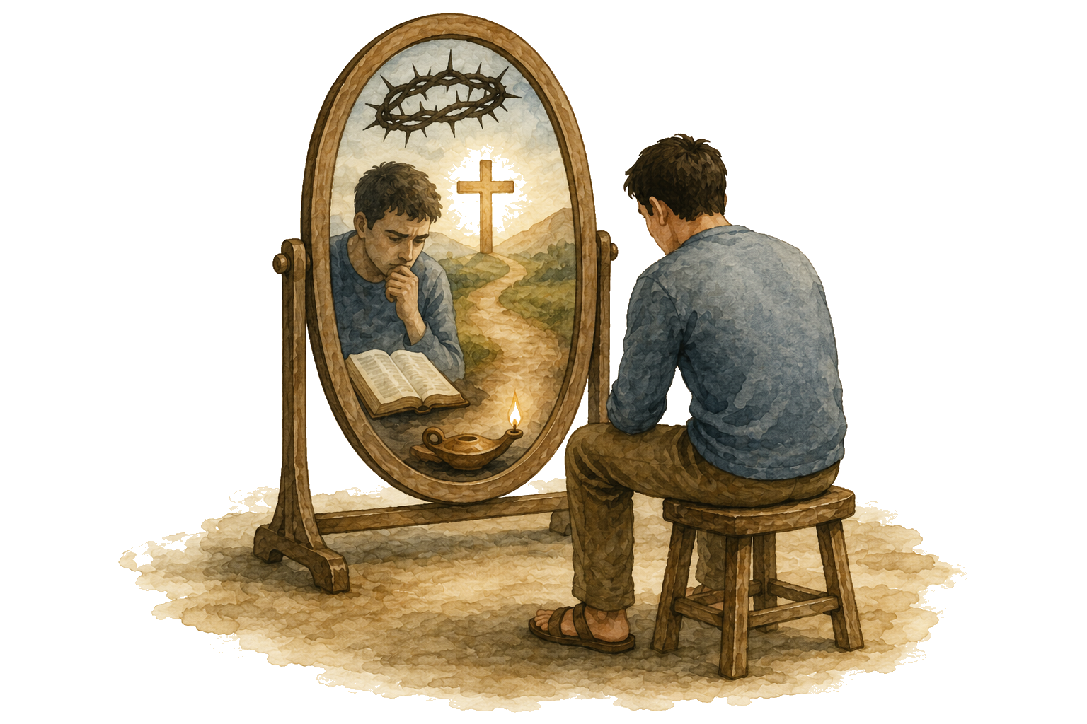 A man reading Scripture before a mirror that reflects Christ, the cross, and a lit lamp