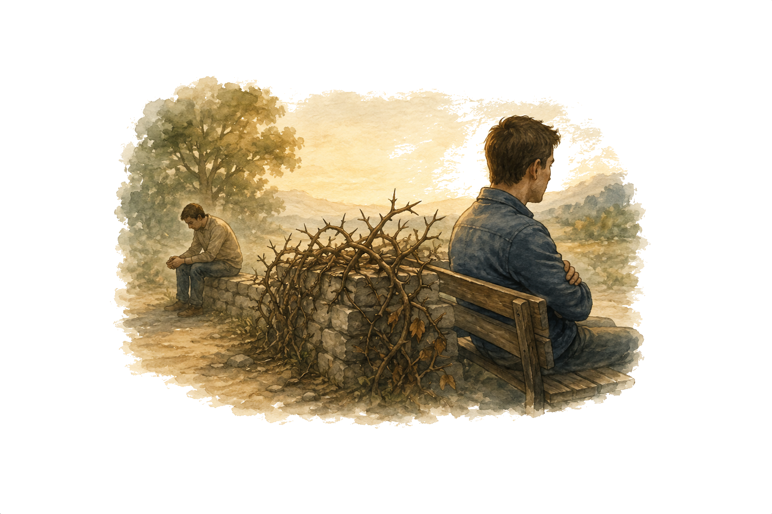 Two people separated by a thorn-covered stone wall, one turning away on a bench